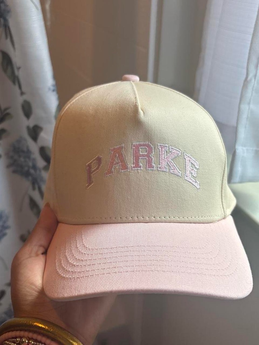 Parke x ShopBop Two-Tone Cap in tan and Light Pink